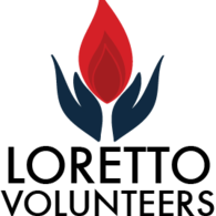Logo of a flame rising from supportive, open palms with the text "Loretto Volunteers"